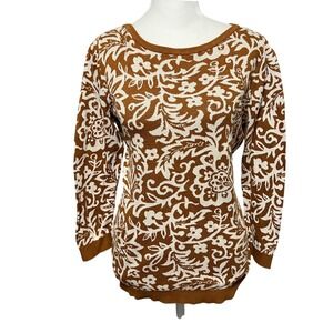 Ann Taylor Cotton Sweater Brown White Floral Camel Knit‎ Top Womens Medium